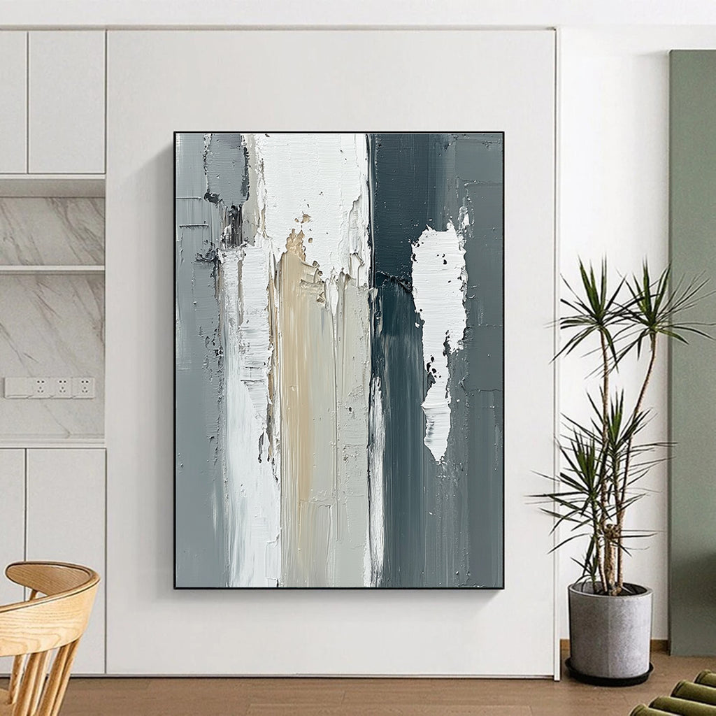 Large abstract oil painting featuring vertical gray and white wooden beams with thick strokes in a neutral monochromatic palette.STSC579