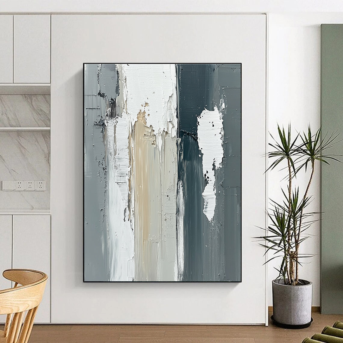 Large abstract oil painting featuring vertical gray and white wooden beams with thick strokes in a neutral monochromatic palette.STSC579