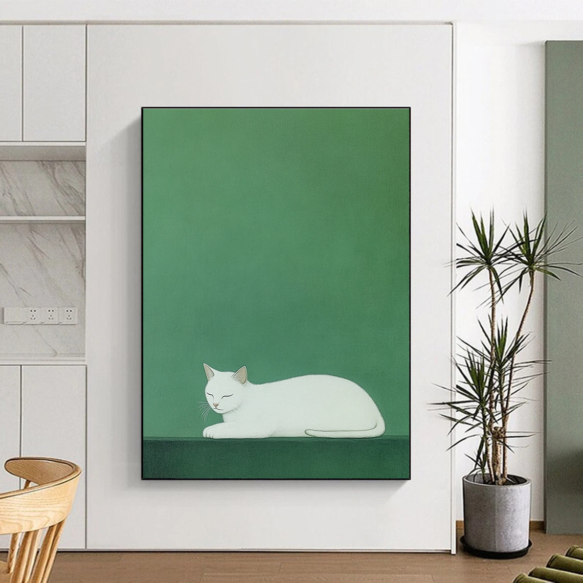 A large abstract painting featuring a white cat on a vibrant green background inspired by Euan Uglow and Atey Ghailan's styles.STSC1473