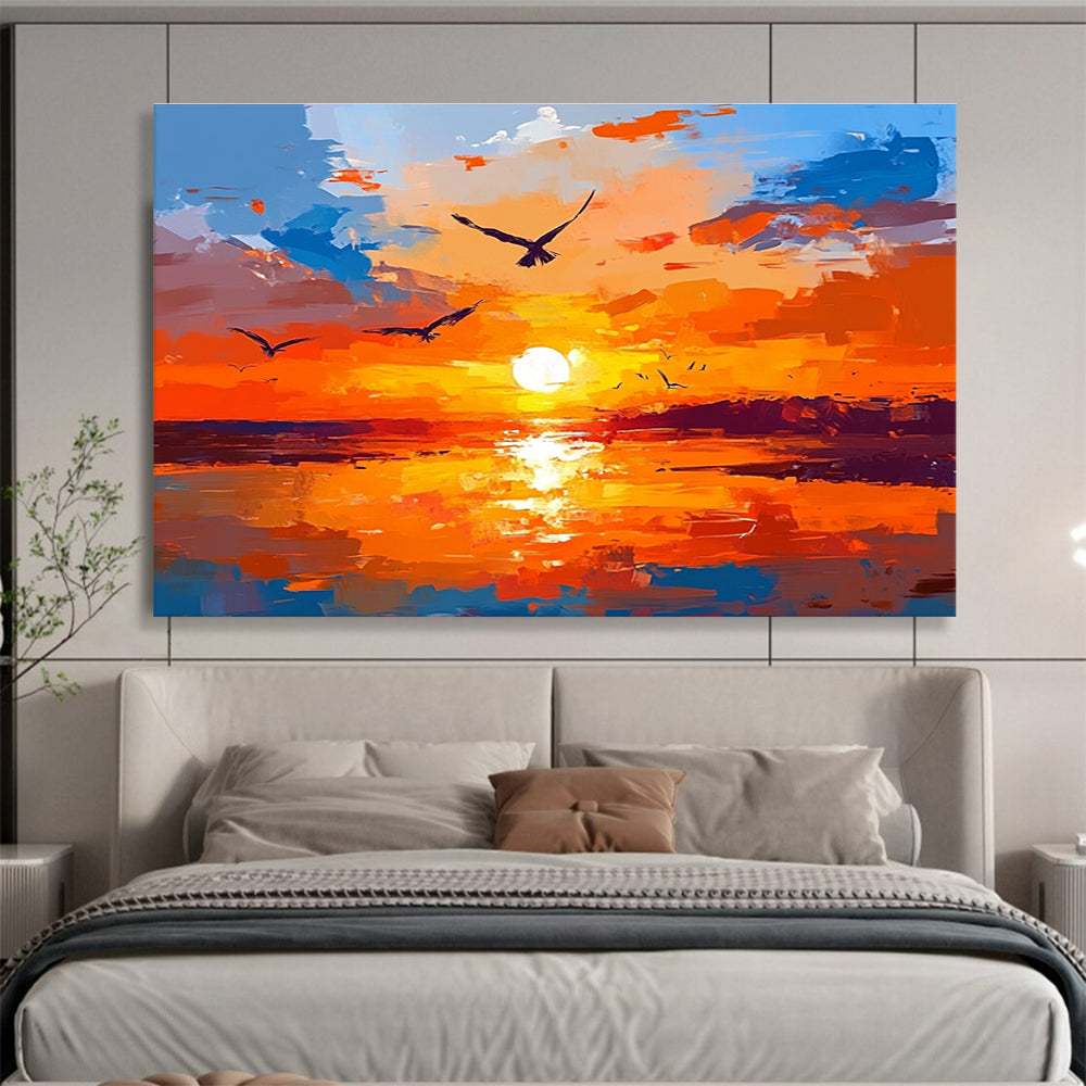 Vibrant Sunset with Birds Abstract Painting in Orange and Blue DYP443