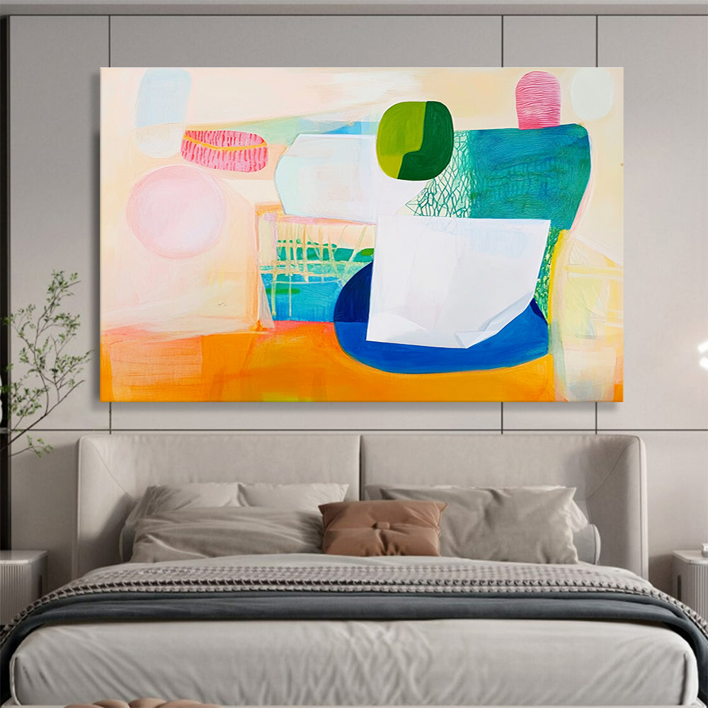 Large abstract painting featuring a white paper bag soft pink and green shapes with blue accents on a warm light orange background.SC518