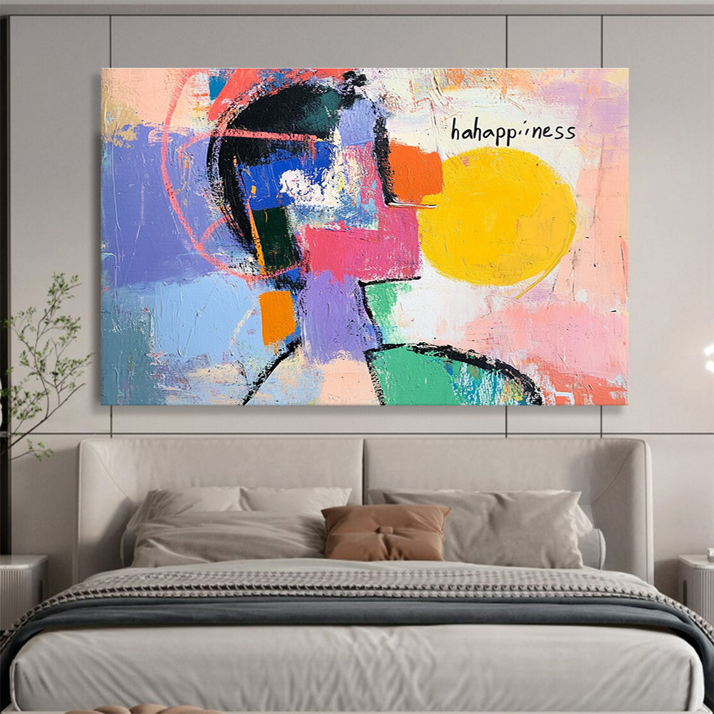 Large abstract painting showcasing vibrant colors with a bright circle silhouette and expressive lines conveying movement and emotion, featuring happiness in white ink.SC359