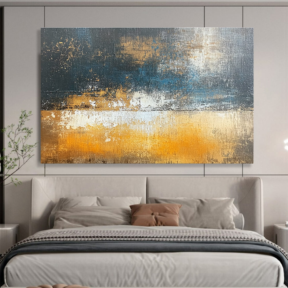 Large abstract oil painting depicting an urban landscape in dark gray and light amber with brown and blue accents using large brush strokes.SC109