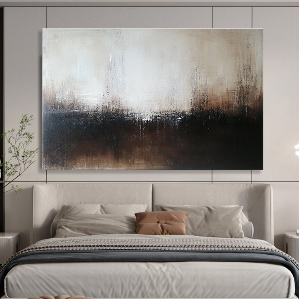Large abstract painting in dark brown and white with neutral tones on wood panel features blurred edges and intricate details in minimalist style.SC057