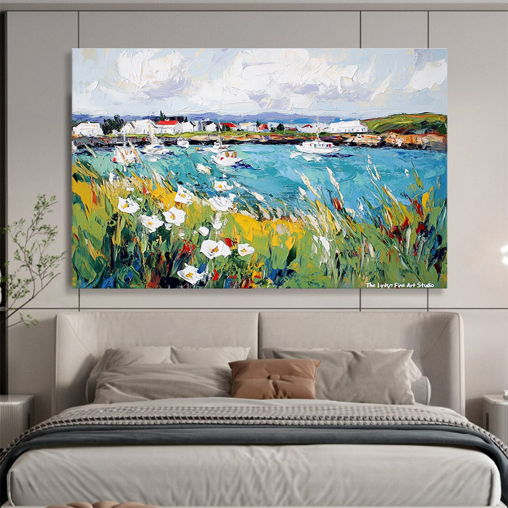 A large abstract painting of Reykjavik's harbor featuring vibrant boats and blooming wildflowers against a lively sky, showcasing nature's harmony with human creation.SC527