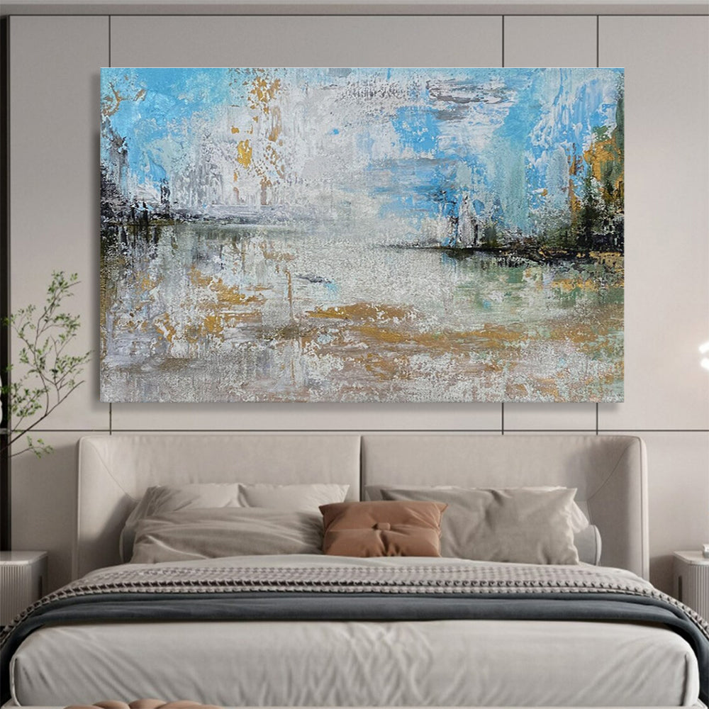 Lake View Abstract Painting with Blue Gray and Gold Reflections THY348