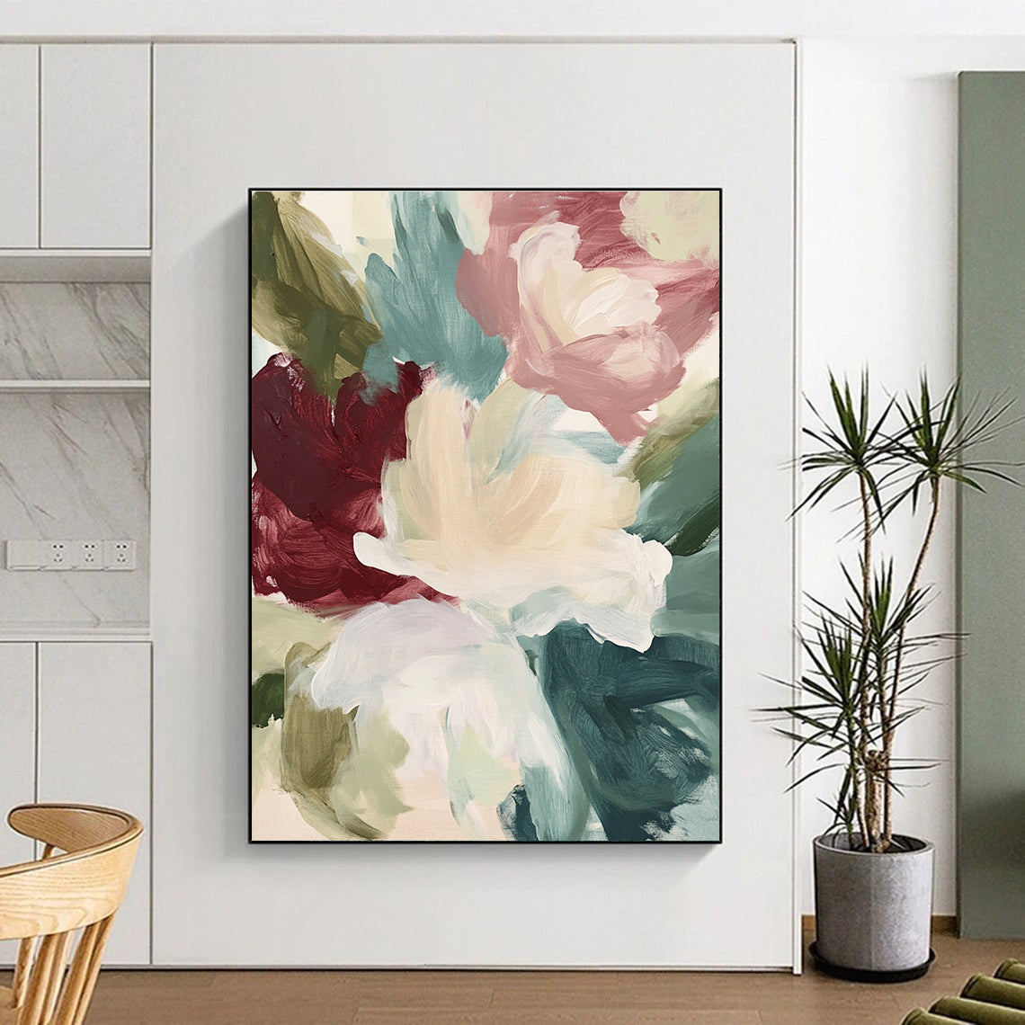Large abstract floral painting in soft creams and sage greens with large brush strokes of maroon navy blue and minty pink for a serene garden view.STSC558