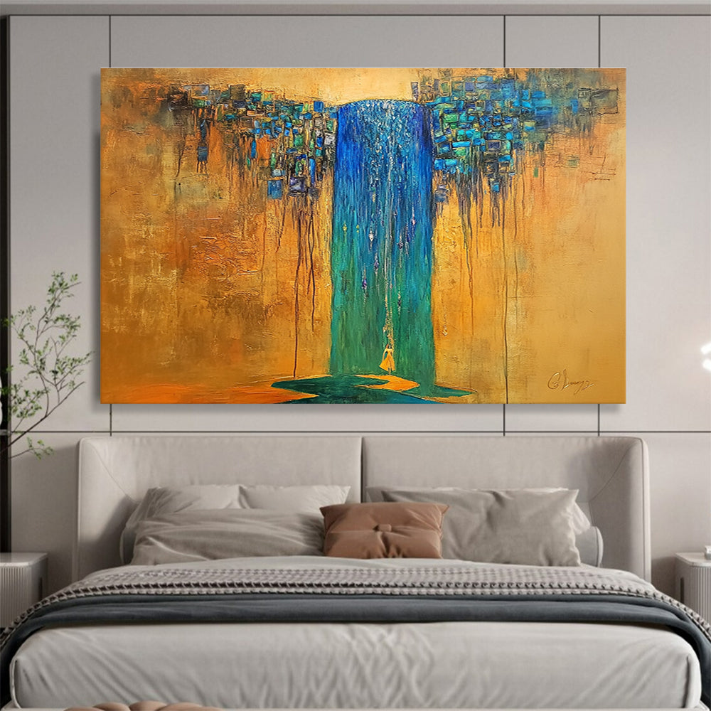 A large abstract painting featuring an ancient waterfall in blue and green hues with a crystal-haired figure under gold sunlight.SC334