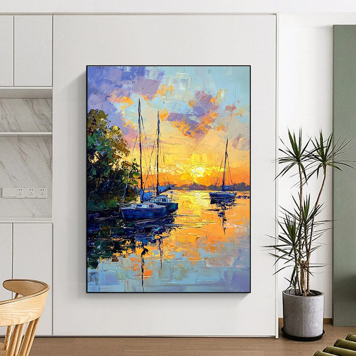 Abstract painting of sailboats at sunset with vibrant colors large brush strokes and serene reflections on the riverbank surrounded by lush greenery.STSC1394