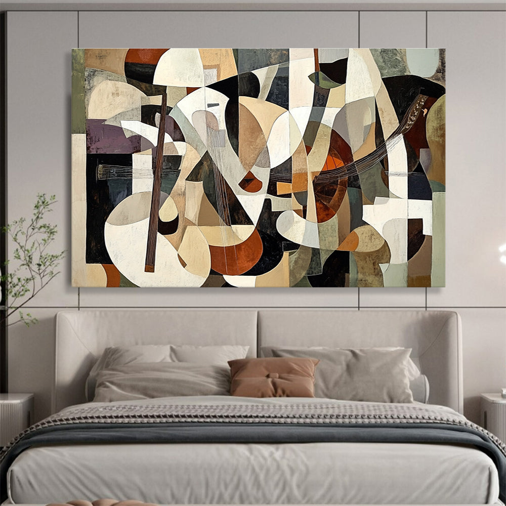 Large abstract painting featuring layered shapes in brown and beige with figures playing instruments in a cubist style, creating depth and illusion.SC395