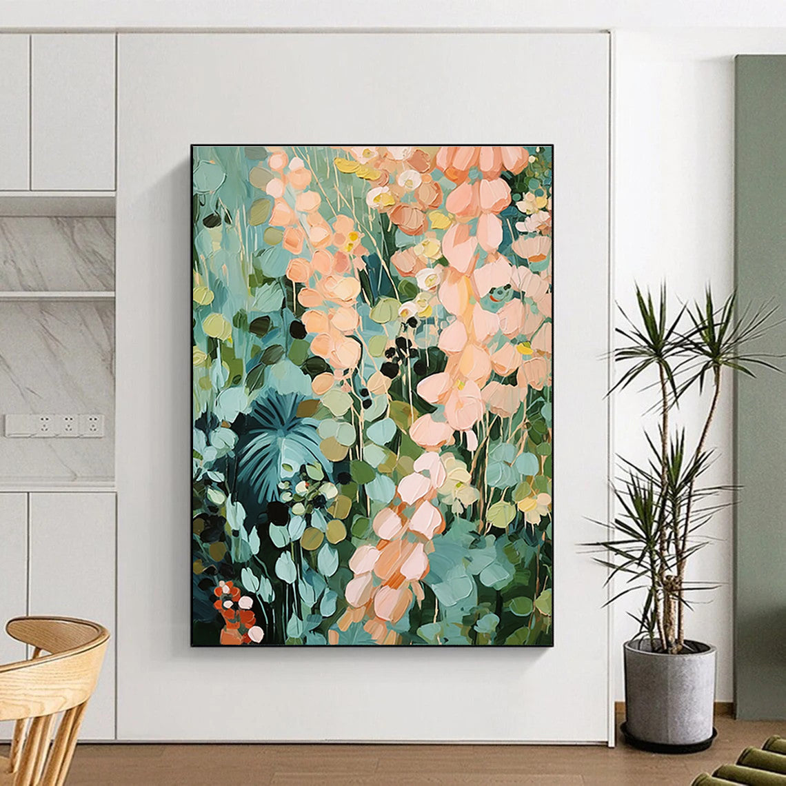 Dreamy Floral Abstract Painting with Light Blue and Peach Tones ADGE428