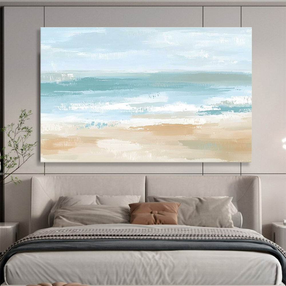 A large abstract painting depicting a serene coastal landscape in soft pastel colors, evoking tranquility with gentle waves and a sandy shore.SC545