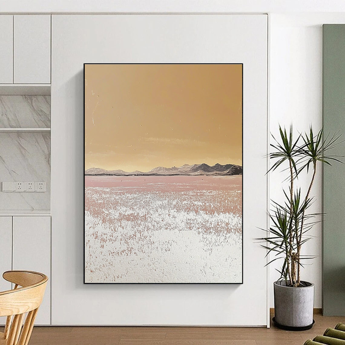 Large abstract painting depicting a serene desert landscape with pastel tones and a textured surface showcasing an endless sea of salt crystals.STSC979