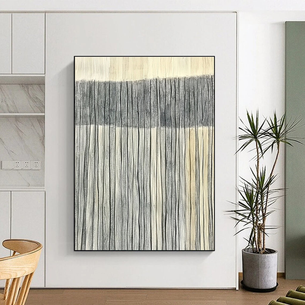 Large abstract painting of harmonious gray and white stripes on a light sandstone backdrop symbolizing luxury and elegance in minimalist design.STSC1121