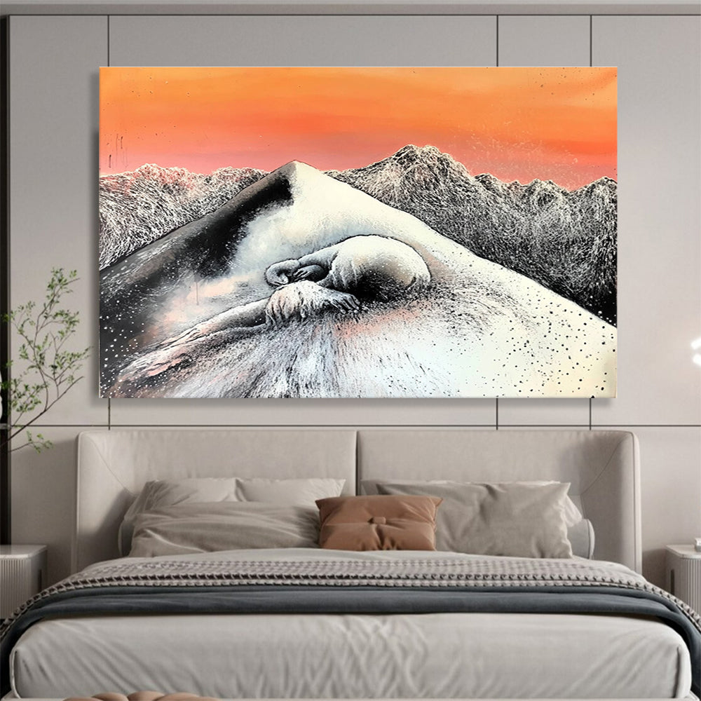 An abstract painting featuring a black and white figure on an icy mountain at sunset with another frozen figure in front.SC569