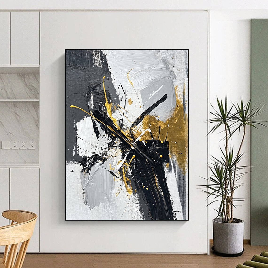 Black Gray White and Gold Abstract Painting with Dynamic Brushstrokes GER020