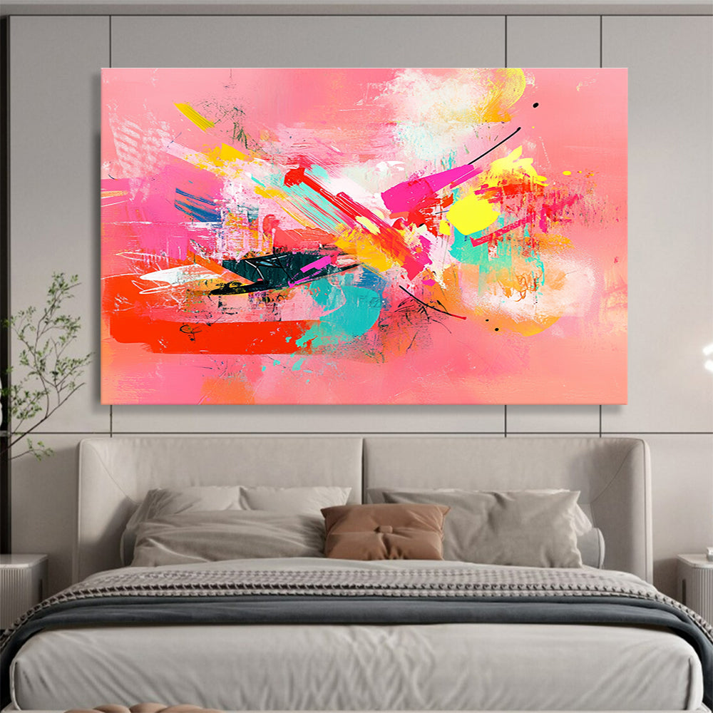 A large abstract painting featuring colorful shapes and lines on a pink background with emotional expressions and a feminine sensibility.SC535