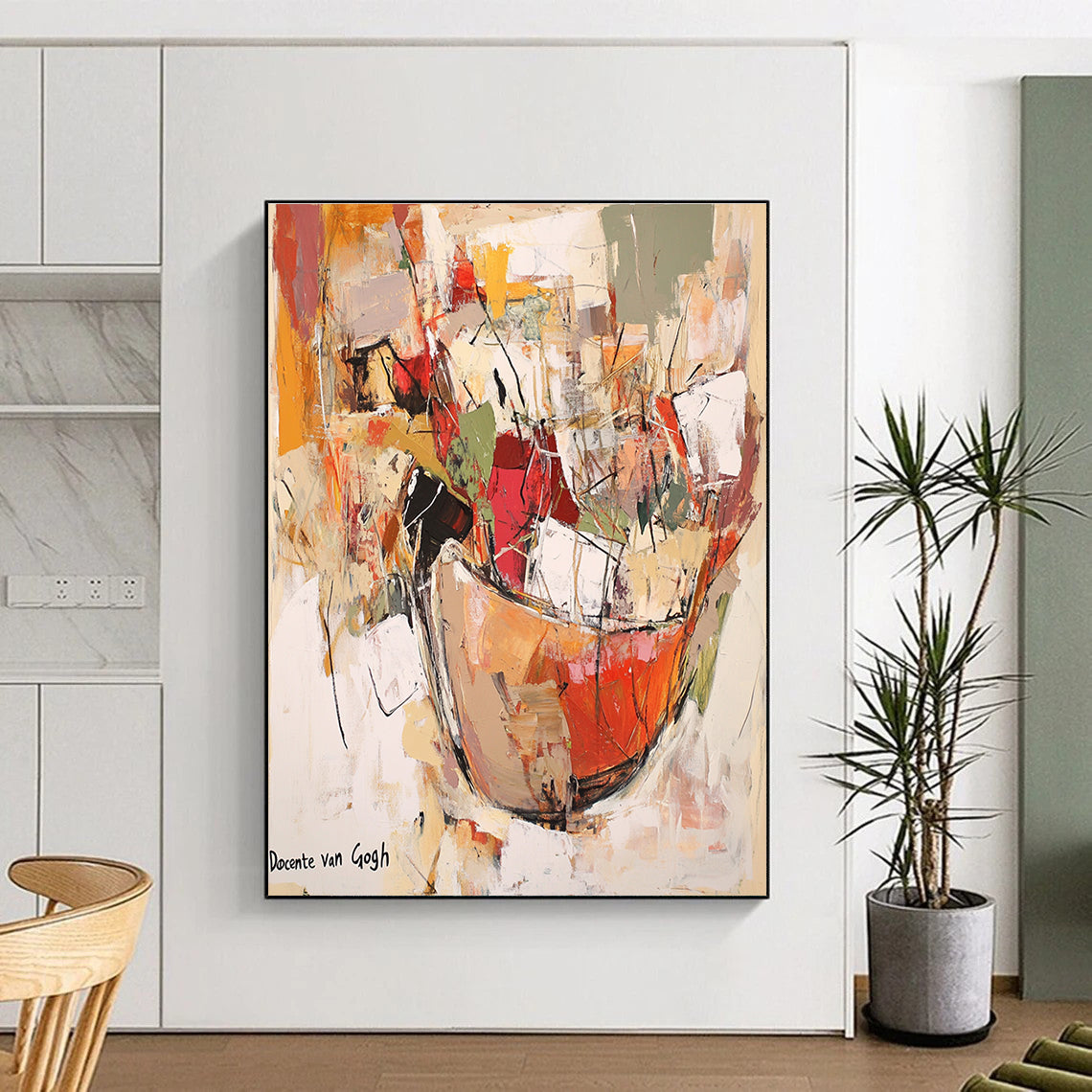 Large abstract painting featuring an earthenware jar overflowing with vibrant fabric and paper, set against a soft neutral background with floating elements.STSC639