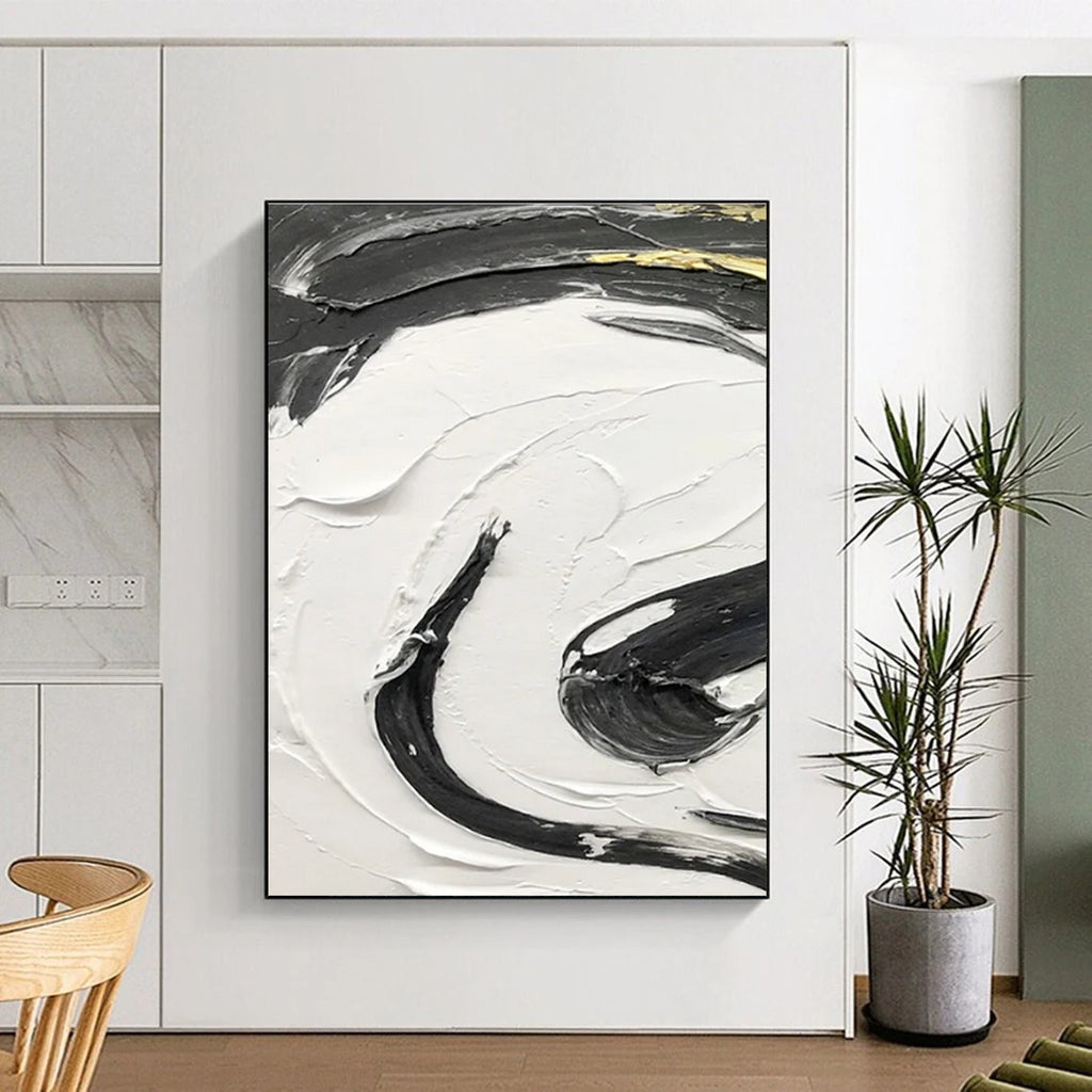 Gold - Accented Black and White Swirl Abstract Painting ADGE378