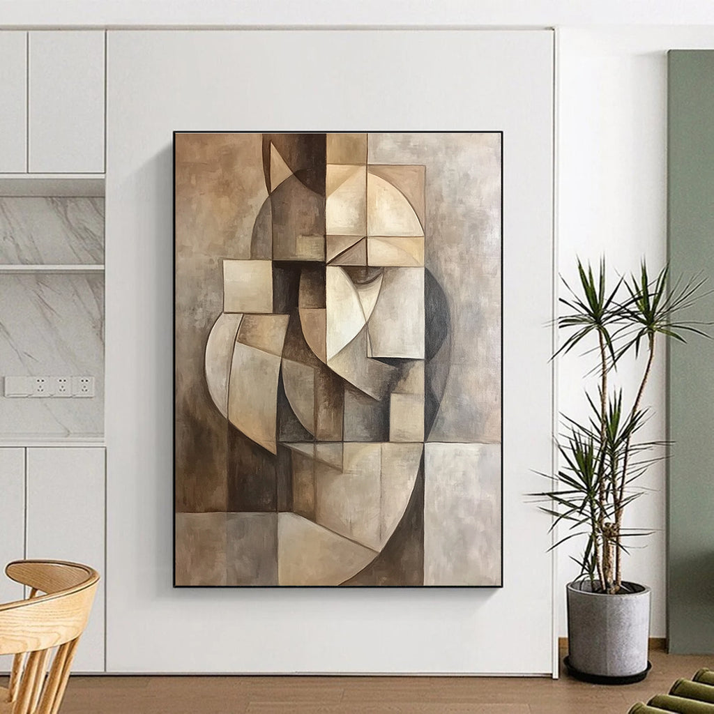 A large abstract painting features a geometric composition in muted colors, inspired by Picasso's cubist style for a sophisticated aesthetic.STSC859