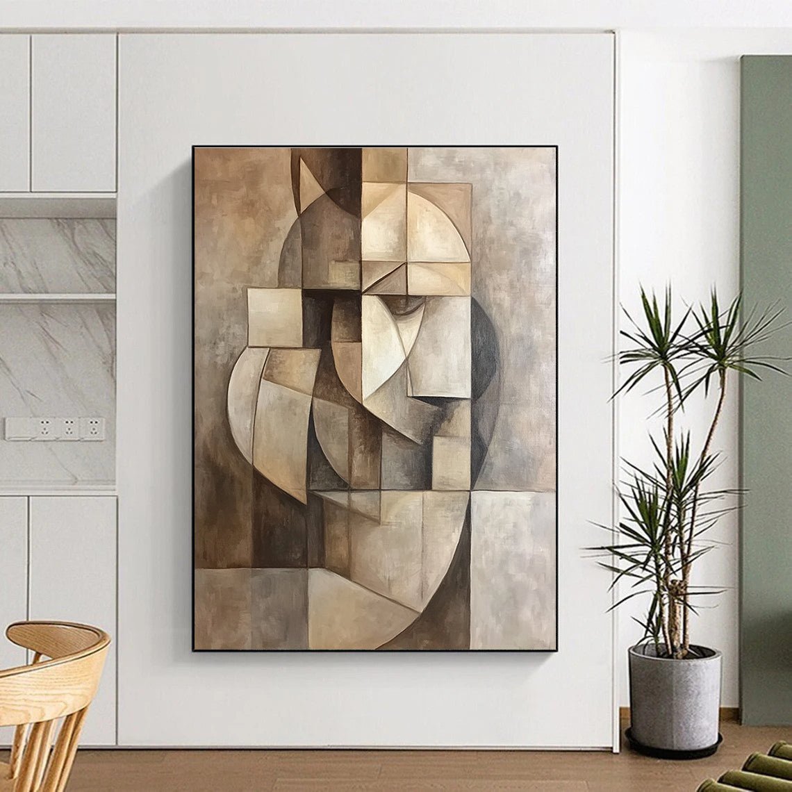 A large abstract painting features a geometric composition in muted colors, inspired by Picasso's cubist style for a sophisticated aesthetic.STSC859