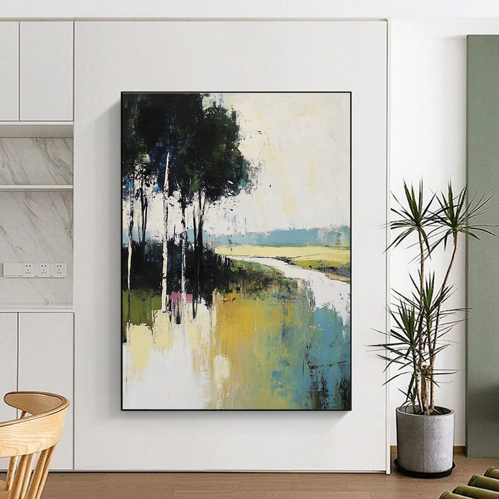Large abstract painting featuring muted greens blues and whites depicting tranquil nature with tall trees and a serene river flowing through grassy fields.STSC100