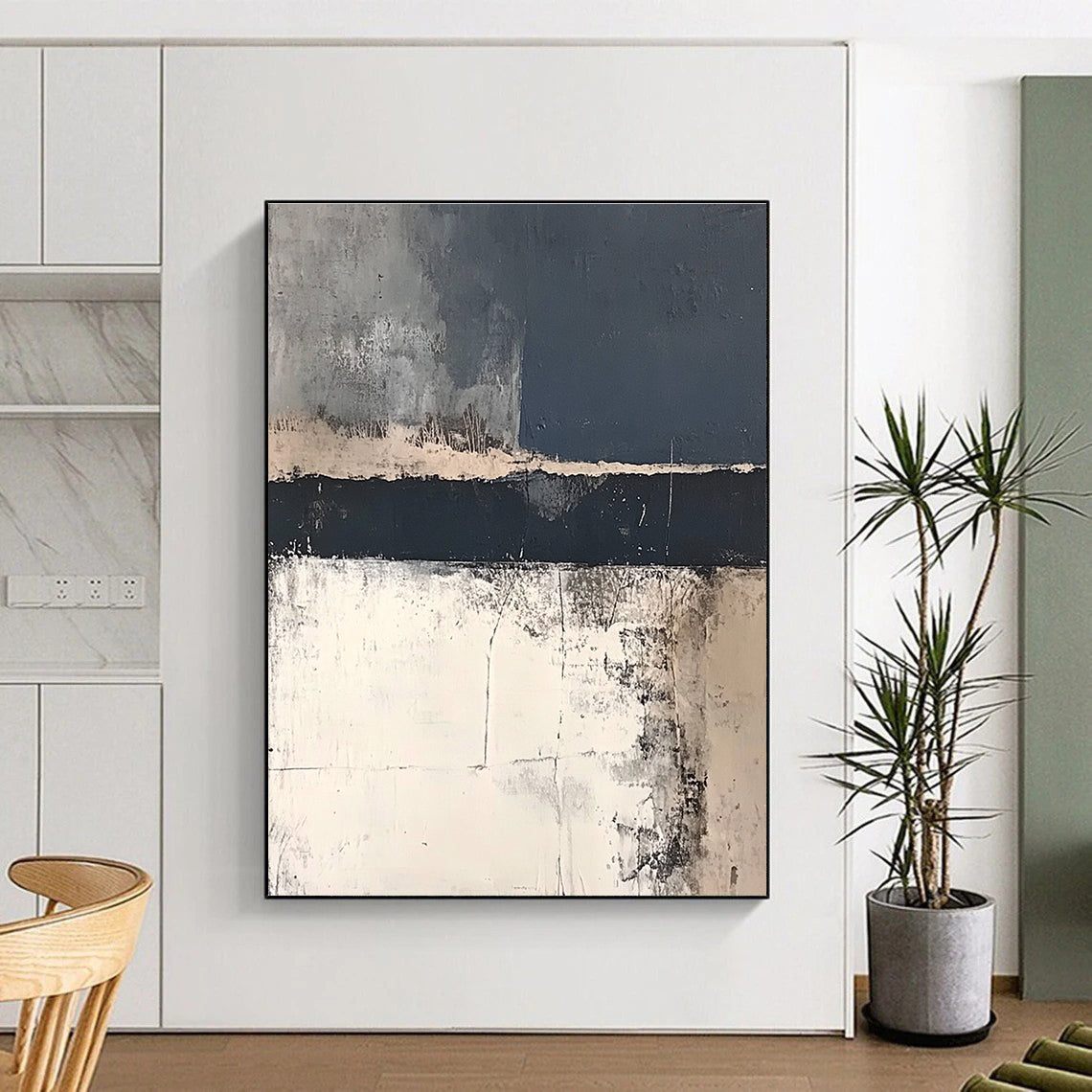 Large abstract painting in dark gray and navy blue with hints of white and beige depicting a distant old battle scene on the English coast.STSC217