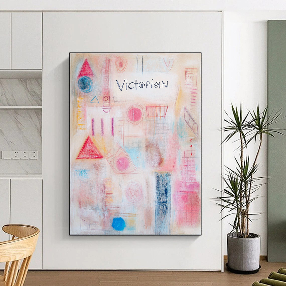Large abstract artwork featuring soft pastel colors geometric shapes and delicate white text reading Victorian in a harmonious collage.STSC1204