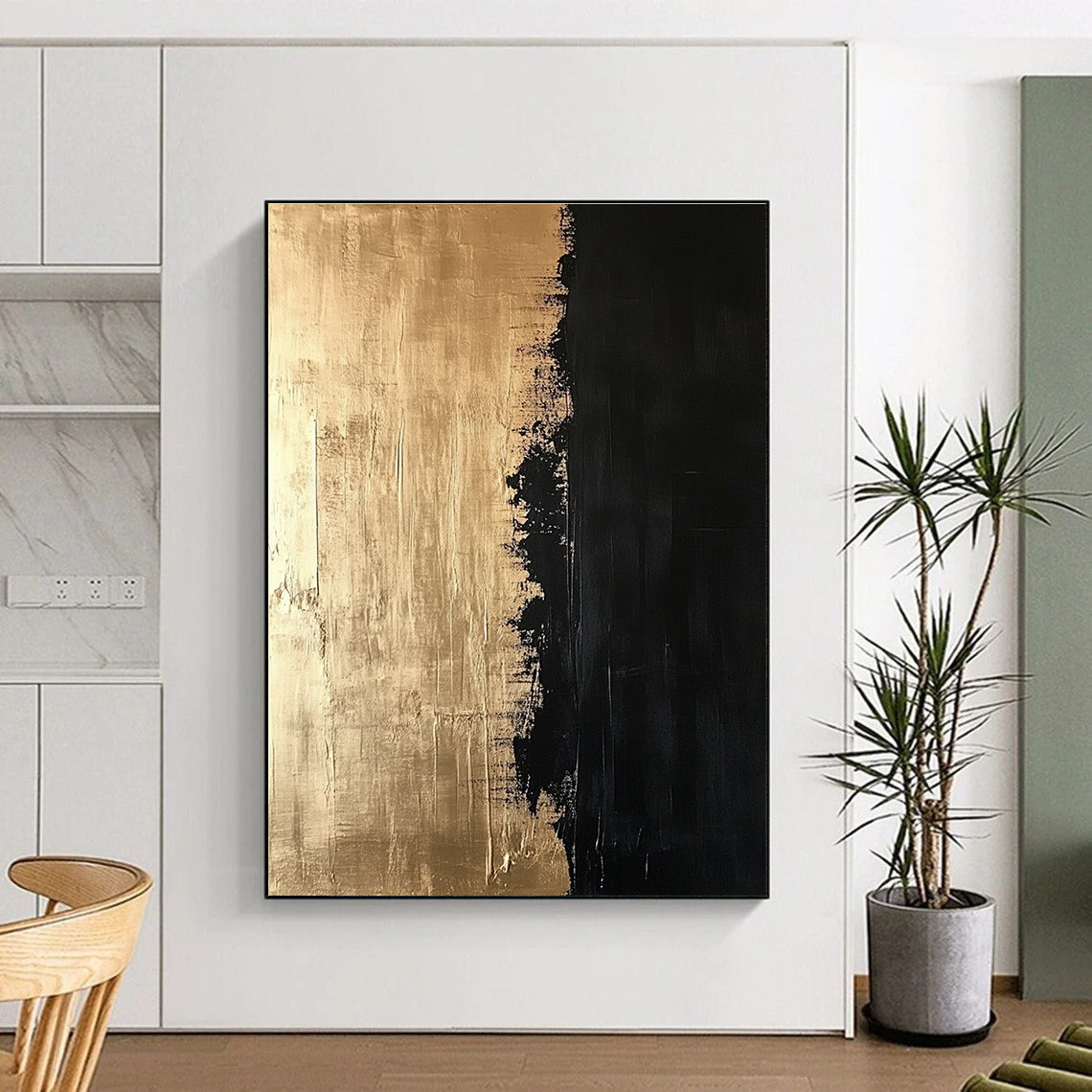 Gold and Black Abstract Painting with Textured Contrast GER130
