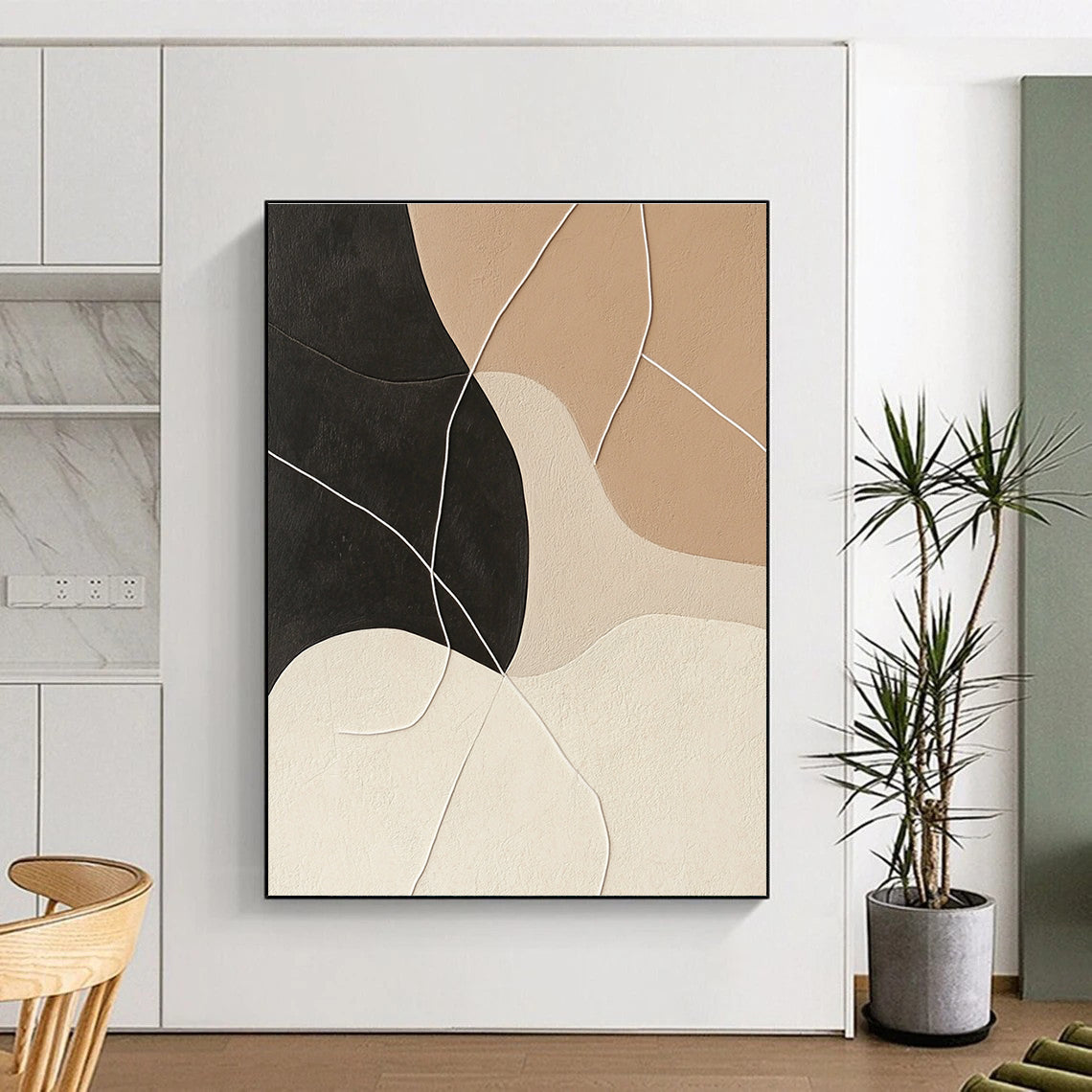 Large abstract painting in beige and black with interconnected white strings for a striking and modern artistic statement.STSC468