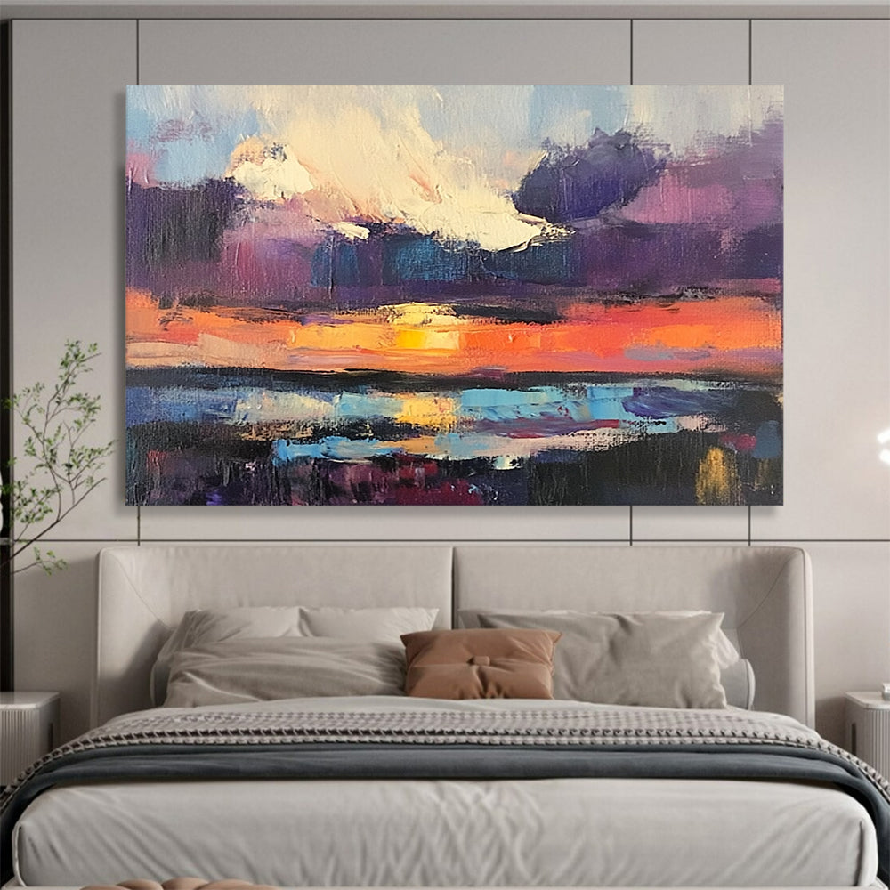 Large abstract painting featuring a sunset over water with bold brush strokes in vibrant purple and blue hues capturing a dramatic sky filled with clouds.SC134