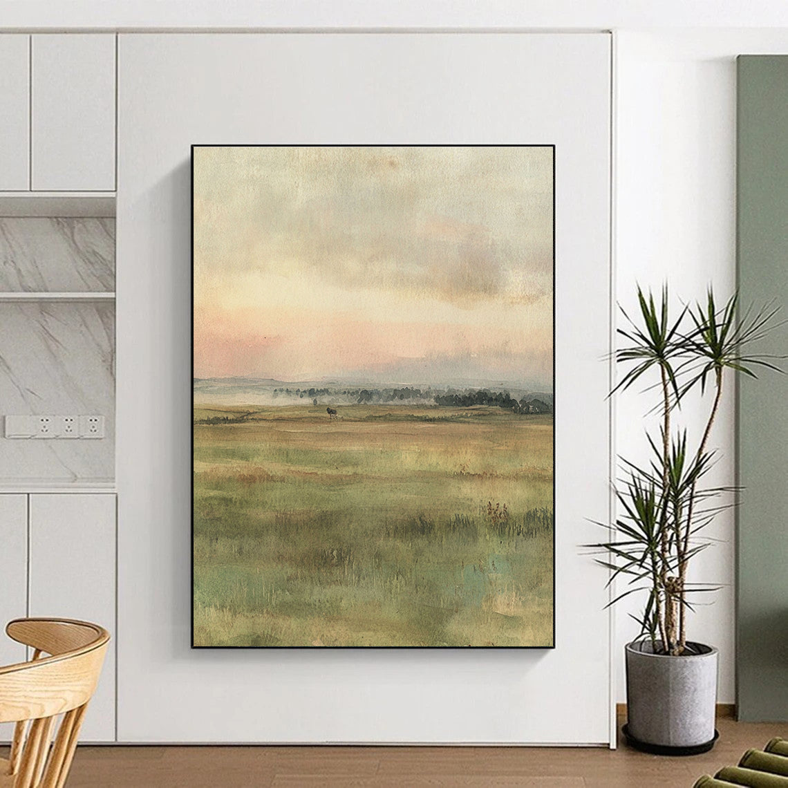 A large abstract painting featuring muted colors of an open field with gentle brushstrokes and two hares in the foreground.STSC1229