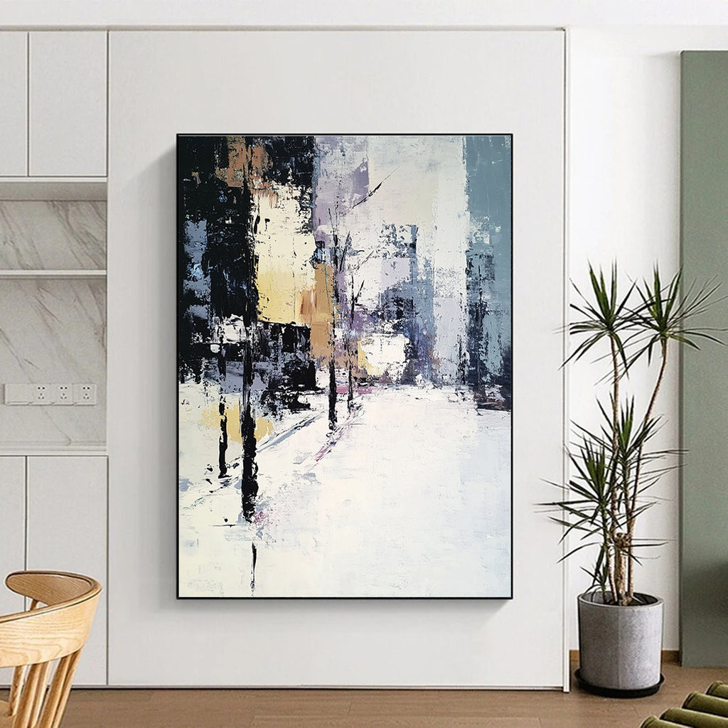 Large Abstract Oil Painting of a Winter Cityscape in Muted Whites and Greys with Beige and Black Accents, Perfect for Modern Decor.STSC159