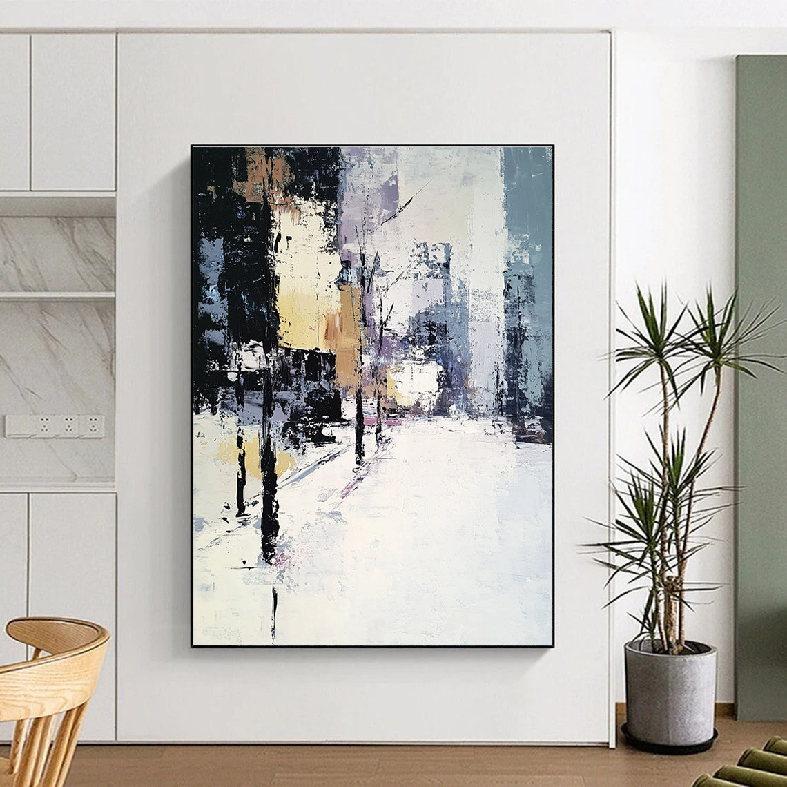 Large Abstract Oil Painting of a Winter Cityscape in Muted Whites and Greys with Beige and Black Accents, Perfect for Modern Decor.STSC159