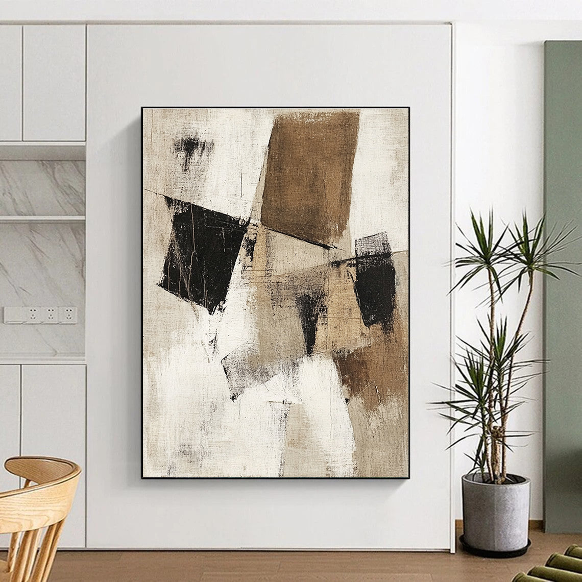 Beige Black Abstract Painting with Geometric Forms GER802