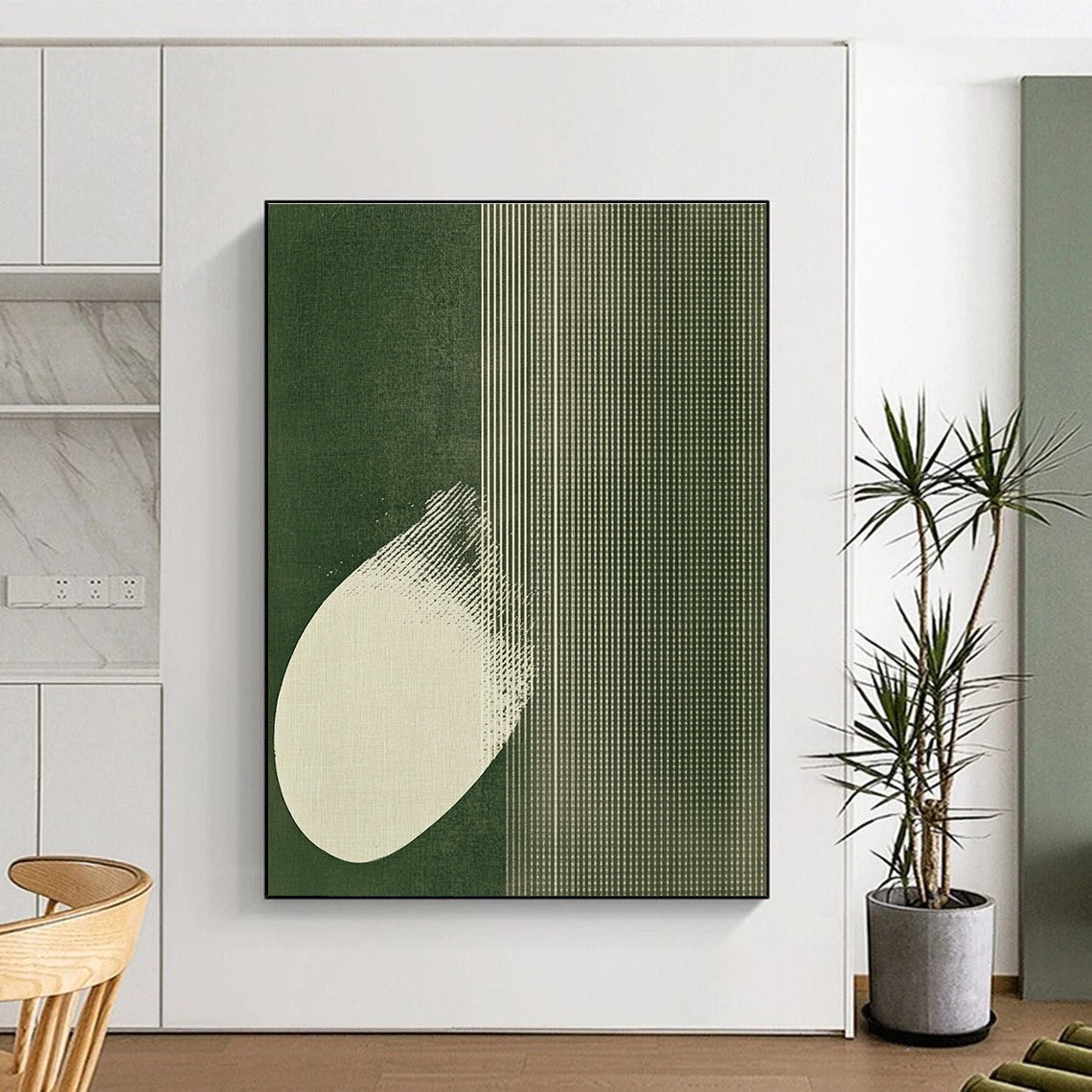 Large abstract artwork featuring white polka dots on emerald green with butterfly wings, creating a calm minimalist textile-inspired design.STSC1037