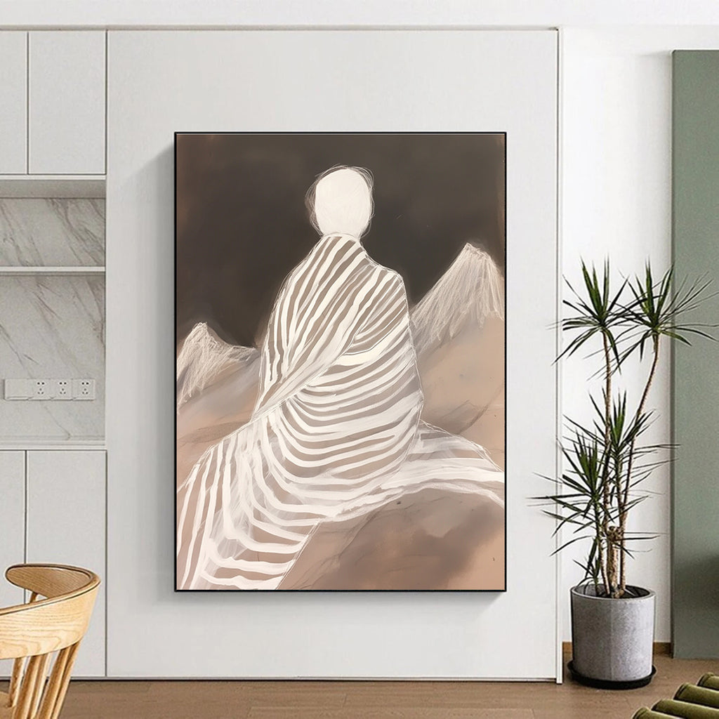 Large abstract painting featuring a zebra-patterned blanket wrapped around a woman atop mountains in layered translucency and fluid lines.STSC1292