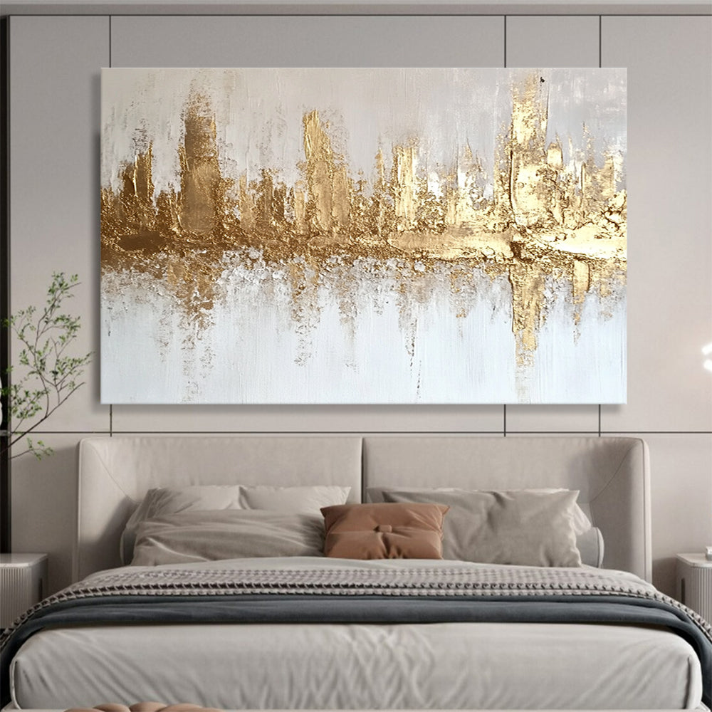 Gold and White Cityscape Abstract Painting with Textured Gold Accents DYP312