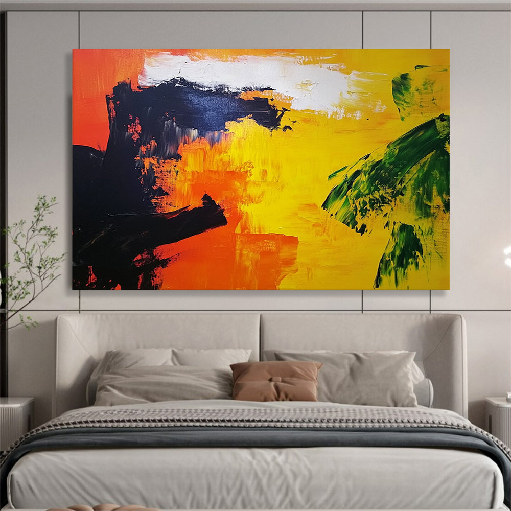Abstract painting featuring vibrant orange and yellow landscape with bold black silhouettes and a touch of red in the corner, enhancing Expressionist style.SC166