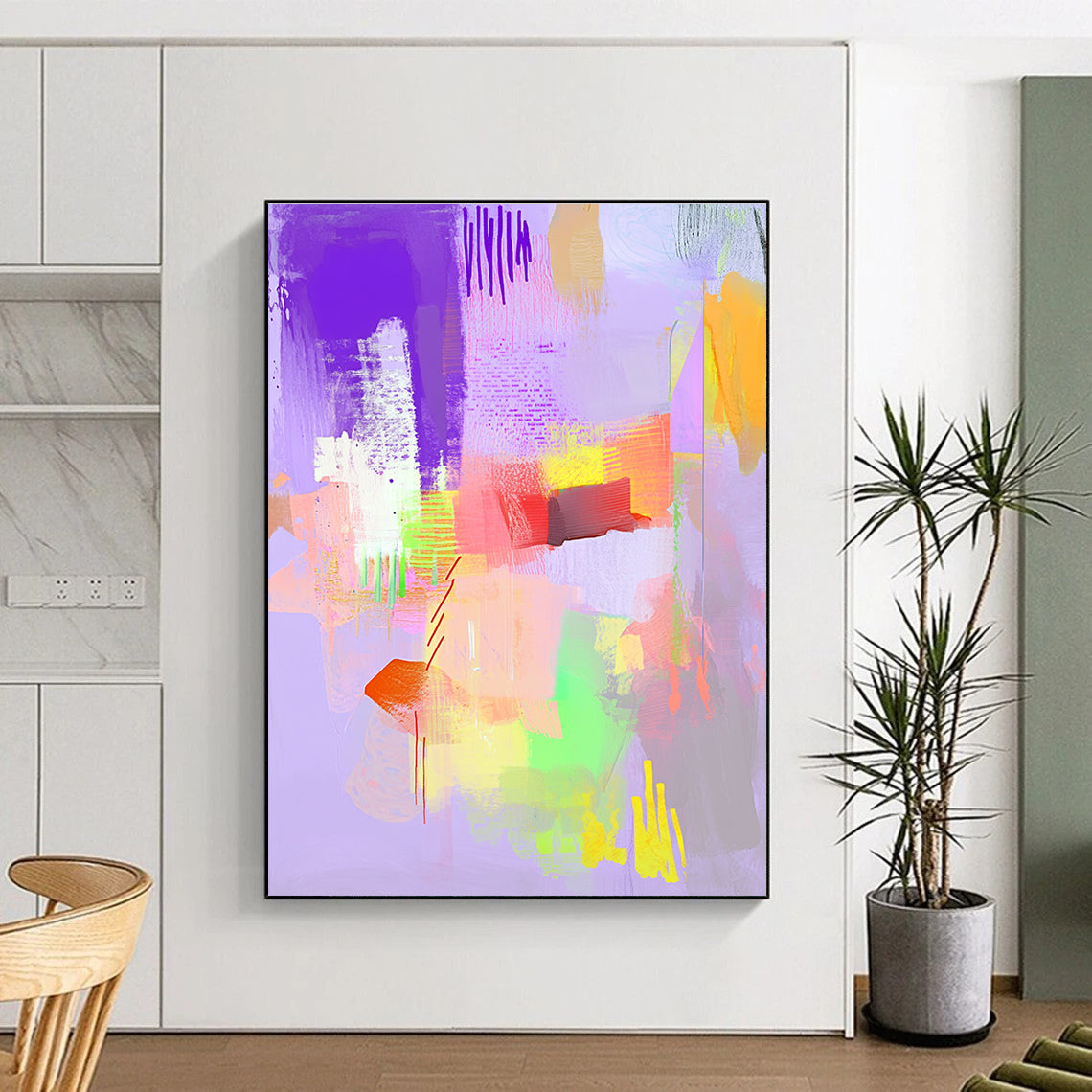 Large abstract painting features light pastel colors and joyful textures, creating an uplifting and aesthetically pleasing atmosphere.STSC545