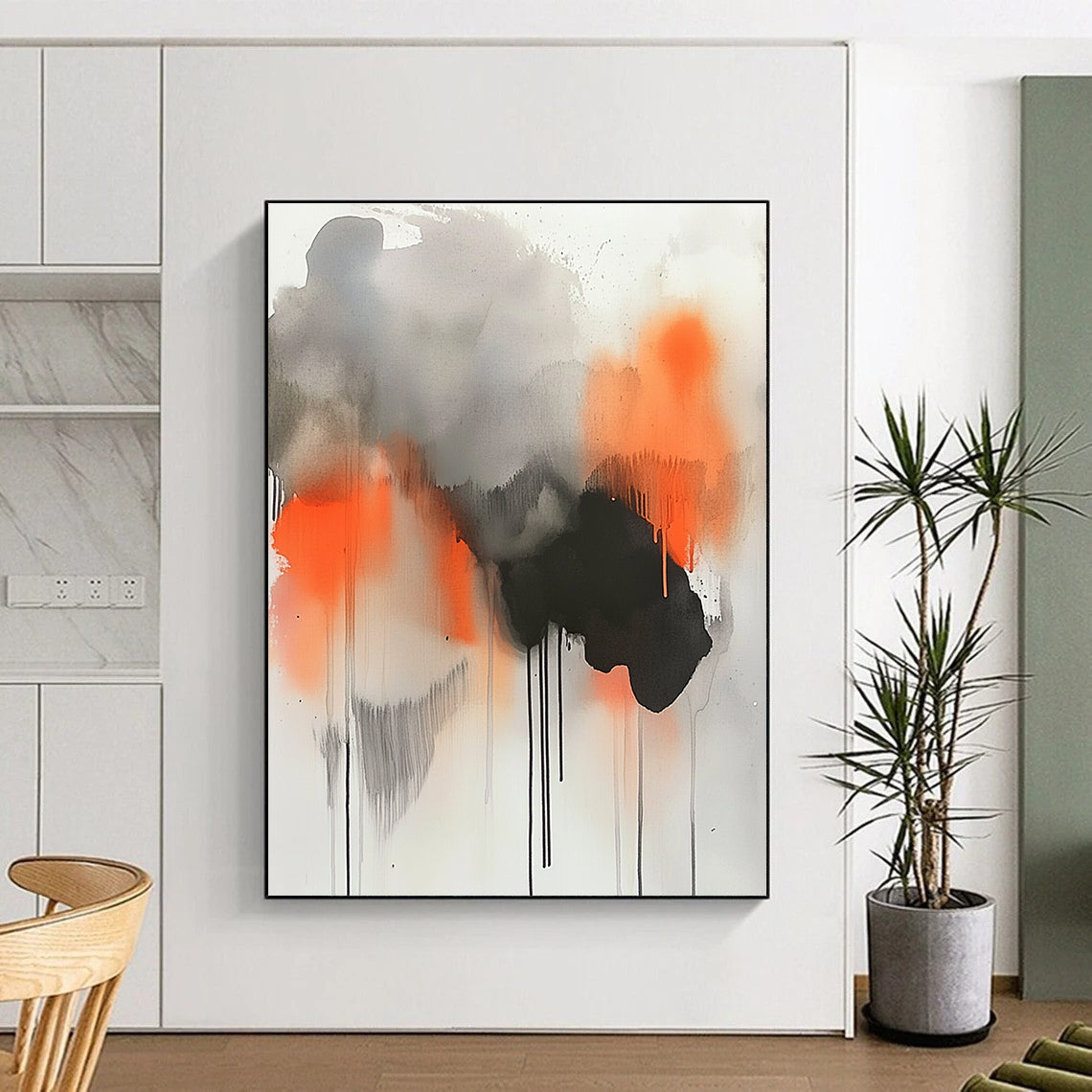 Large abstract painting featuring gray orange and black paint drips with watercolor clouds and smoke elements for a striking visual impact.STSC758