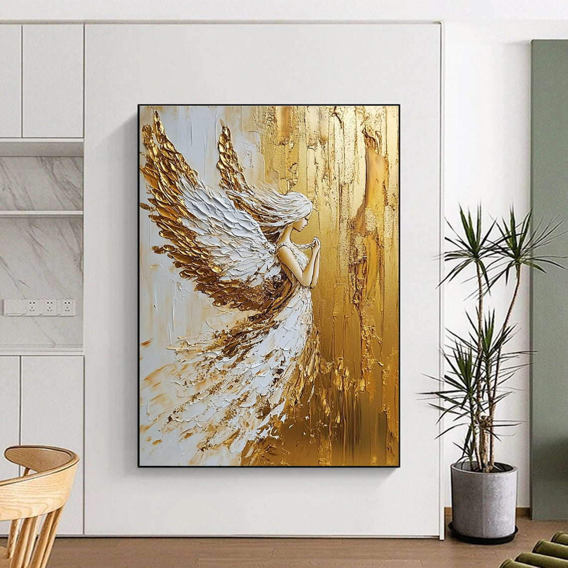 Large abstract painting in gold and white colors created with palette knife oil paint for a striking modern decor piece.STSC007