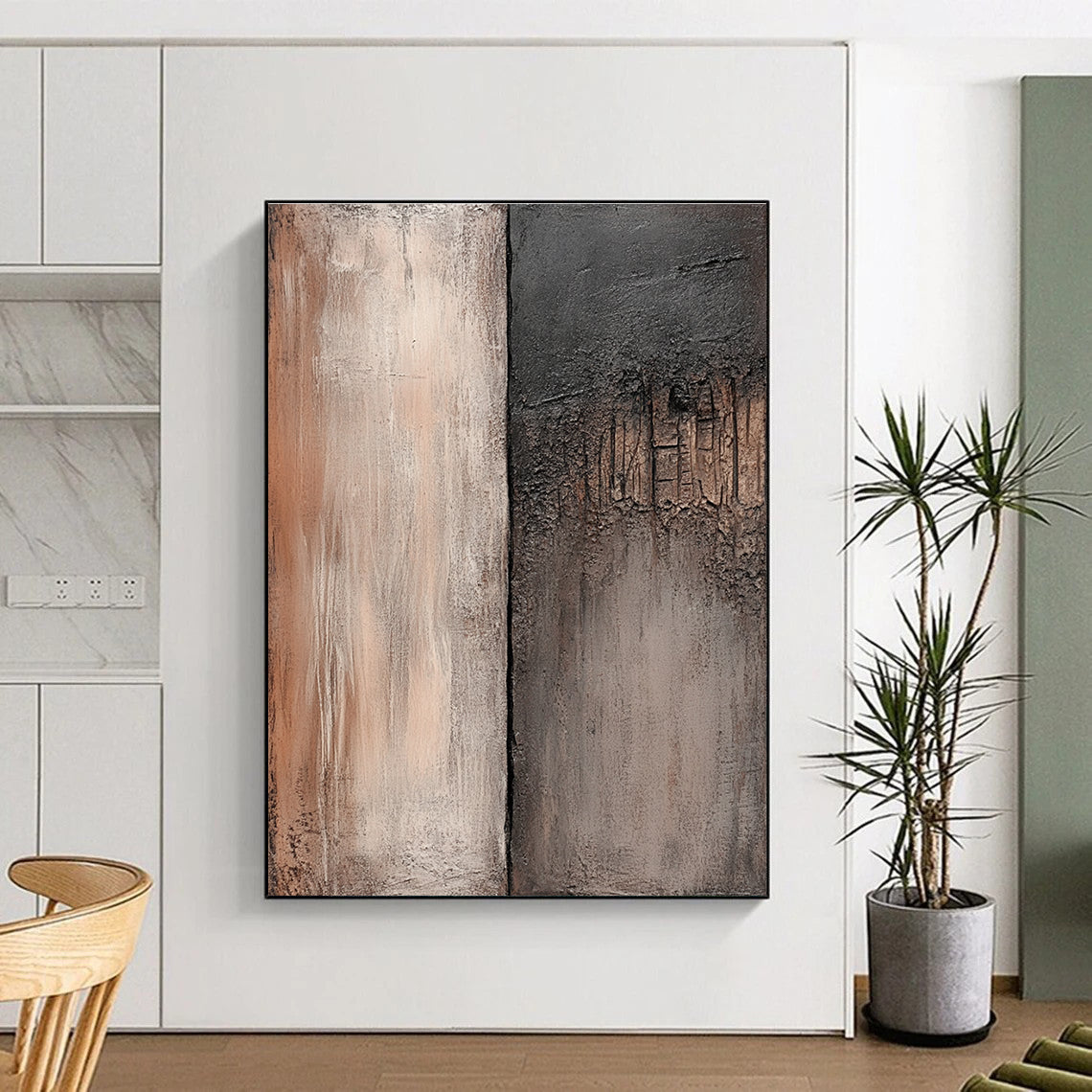 Large abstract painting featuring weathered wood and stone textures in muted browns and grays perfect for diverse creative projects.STSC538