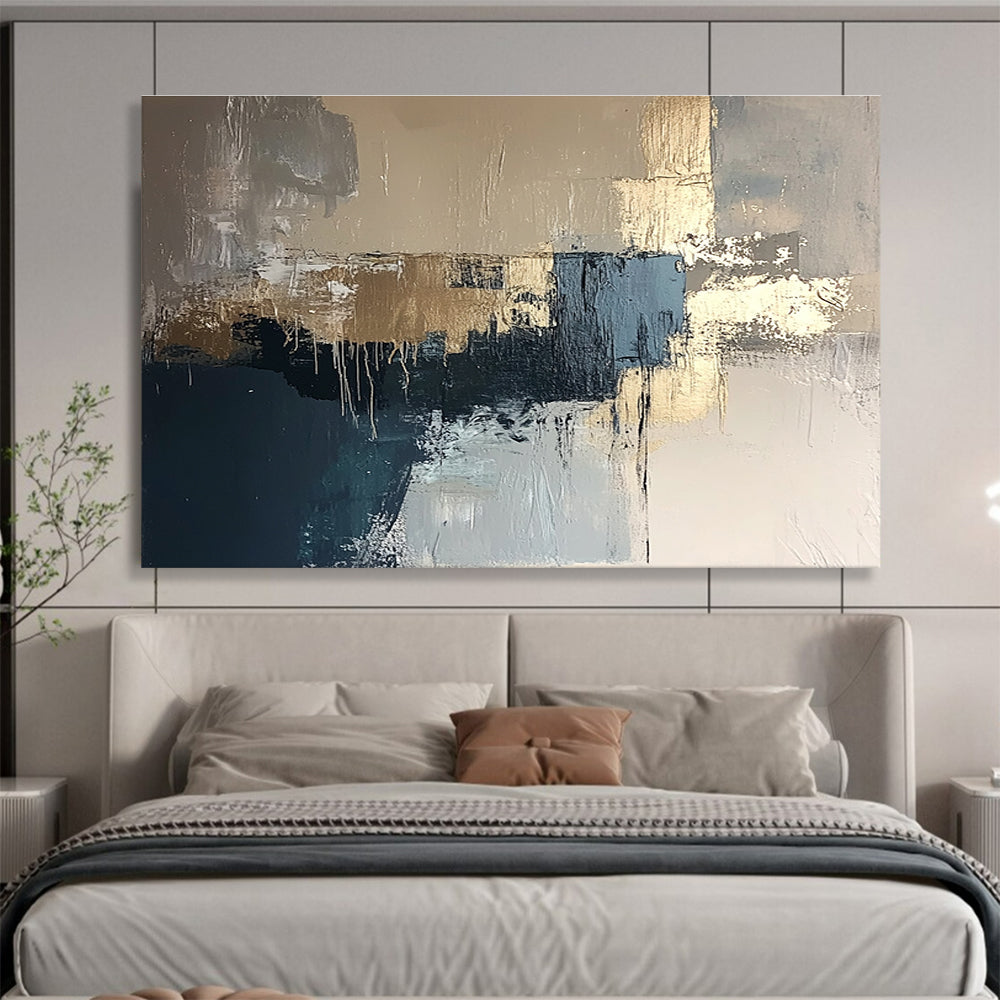 Gold and Blue Abstract Painting with Dripping Textures DYP385