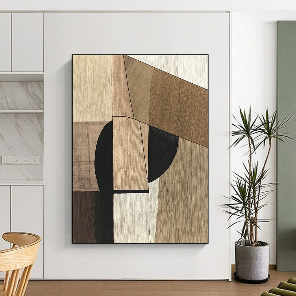 A large abstract painting in Picasso style with wooden textures and a vertical black line on a neutral wood background, symbolizing simplicity and modernity.STSC541