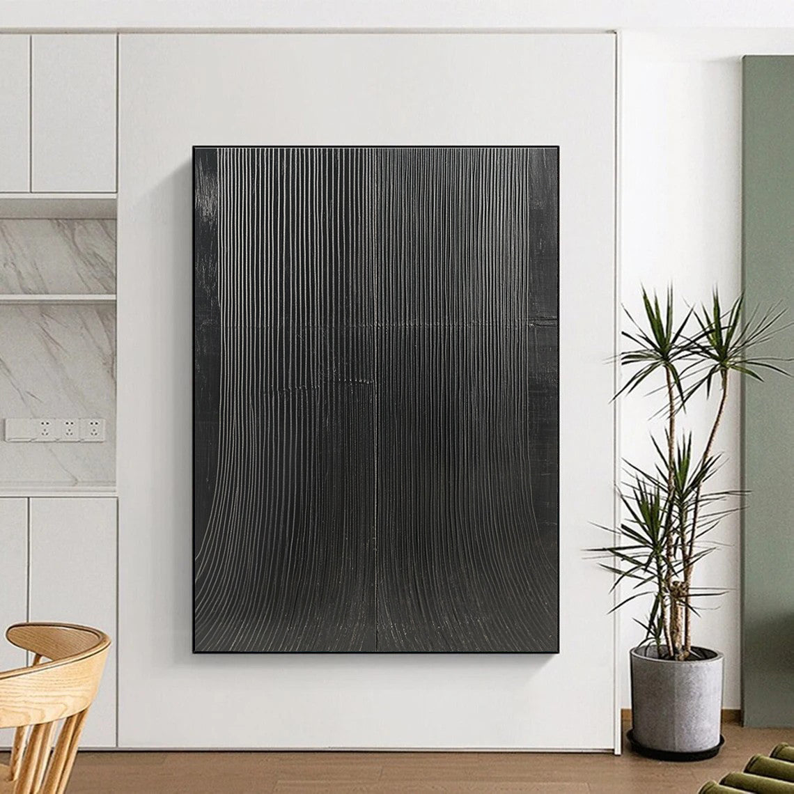 Large abstract painting featuring textured black canvas with S-shaped vertical lines in minimalist style high contrast smooth curves and waves.STSC1280