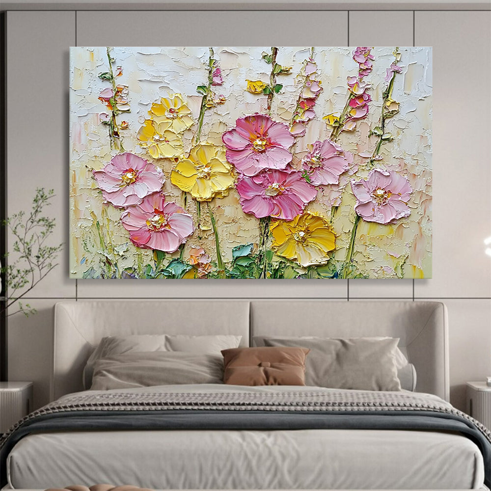 A large abstract painting featuring vibrant pink and yellow hollyhocks, detailed textures, and a rich background created with impasto technique using a palette knife.SC603