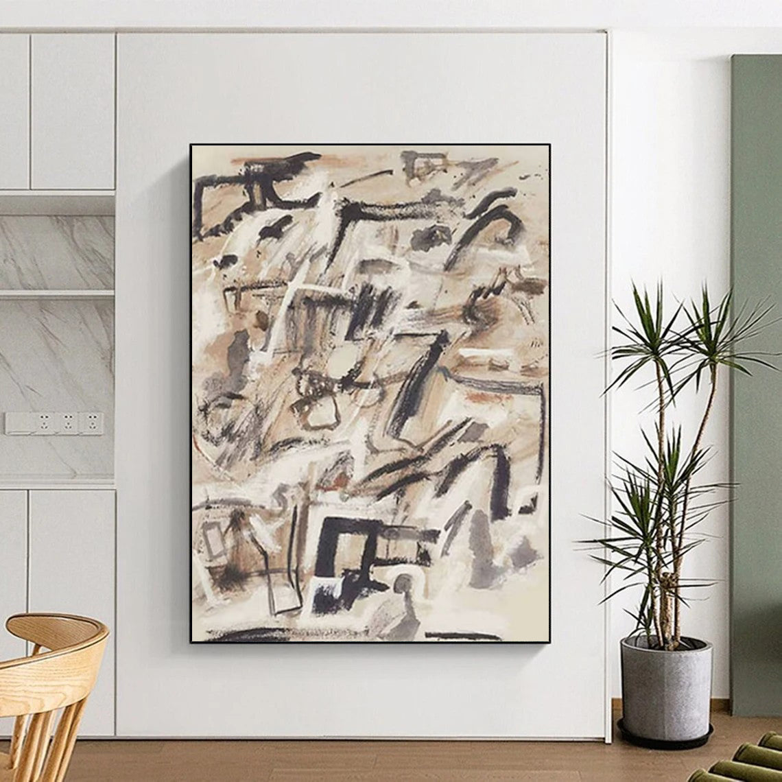 Dynamic Black and Beige Abstract Painting with Energetic Brushstrokes ADGE143