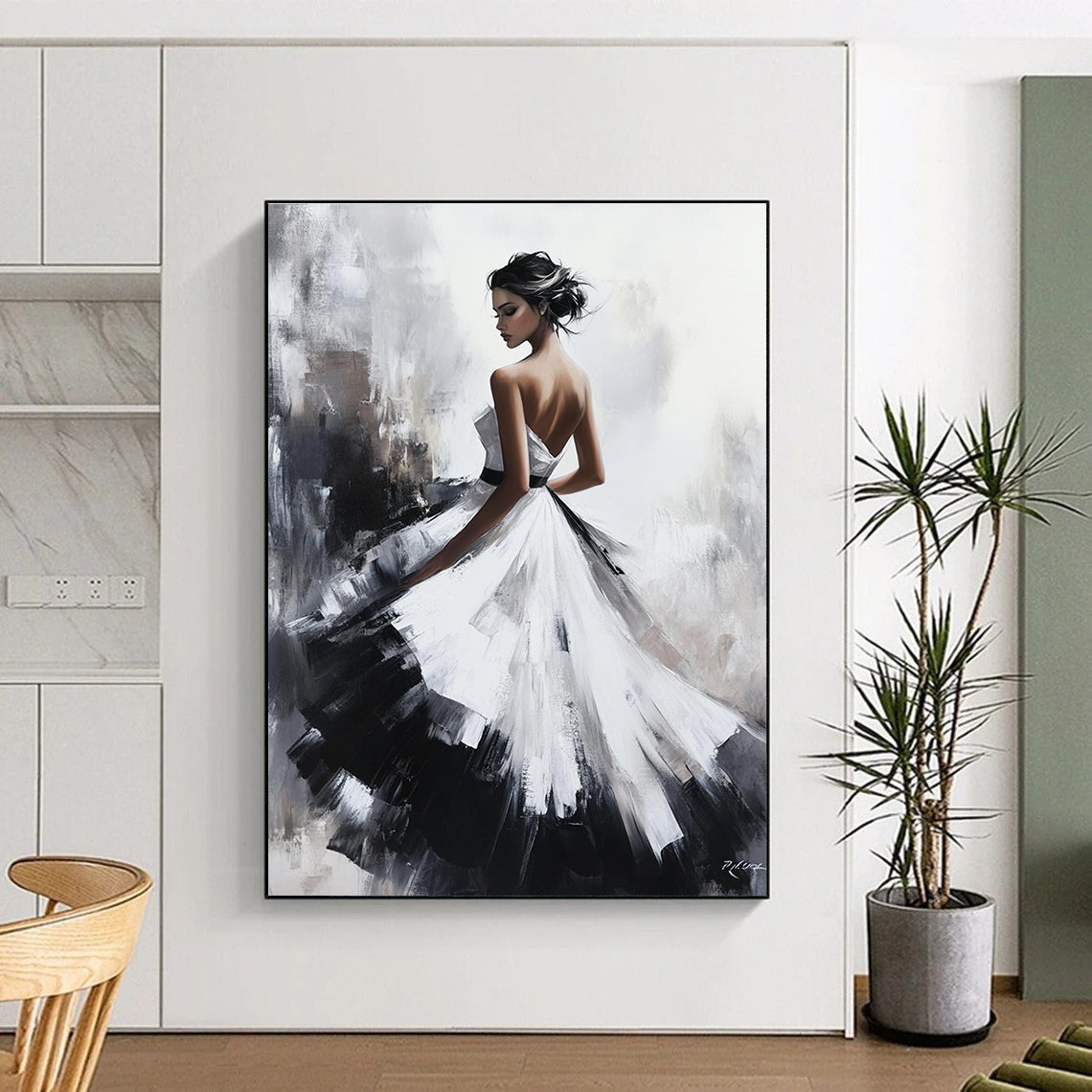 Large abstract oil painting of a beautiful woman in a white dress with a black skirt featuring exquisite details and soft lighting on a textured canvas.STSC1363