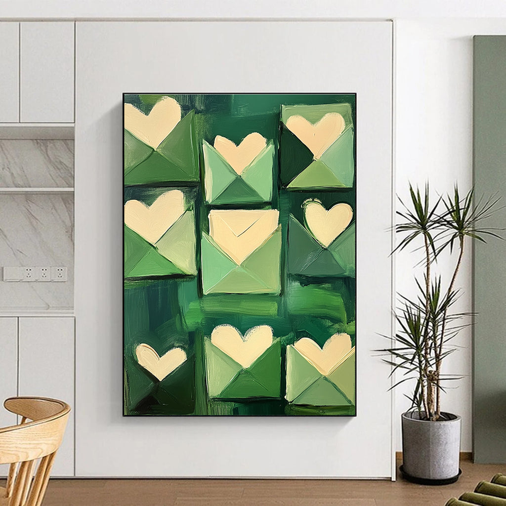 Abstract painting of green envelopes with love letters in shades of emerald and soft pink creating a romantic impressionist atmosphere.STSC1391